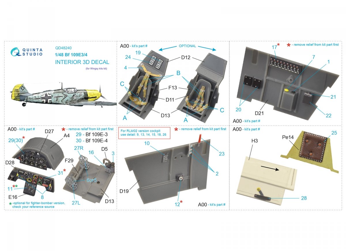 Quinta Studio QD48240 Bf 109E-3/4 3D-Printed &amp;amp; coloured Interior on decal paper ( Wingsy kits) 1/48 – Bild 2