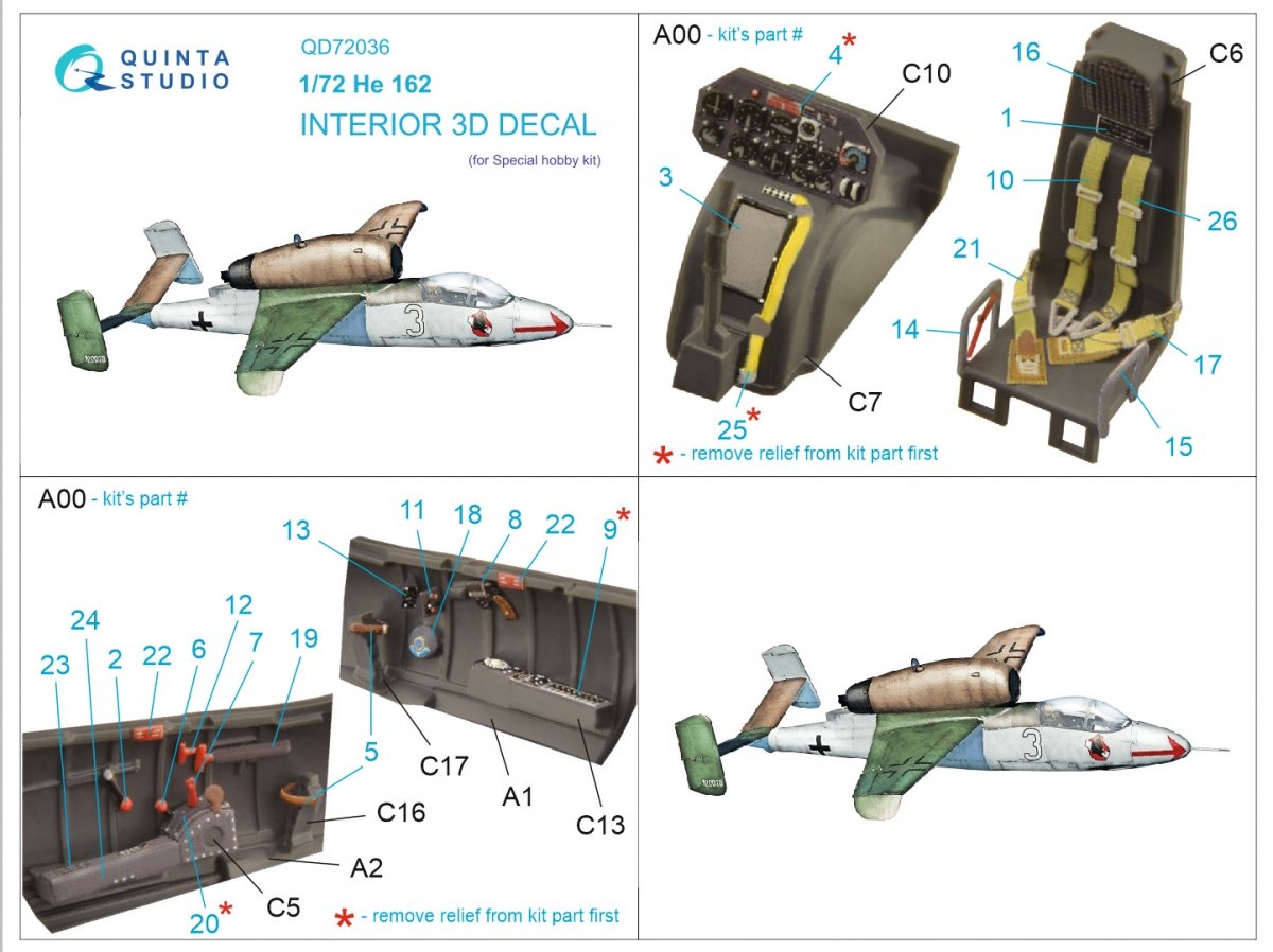 Quinta Studio QD72036 He 162 3D-Printed &amp;amp; coloured Interior on decal paper (Special Hobby) 1/72 – Bild 11