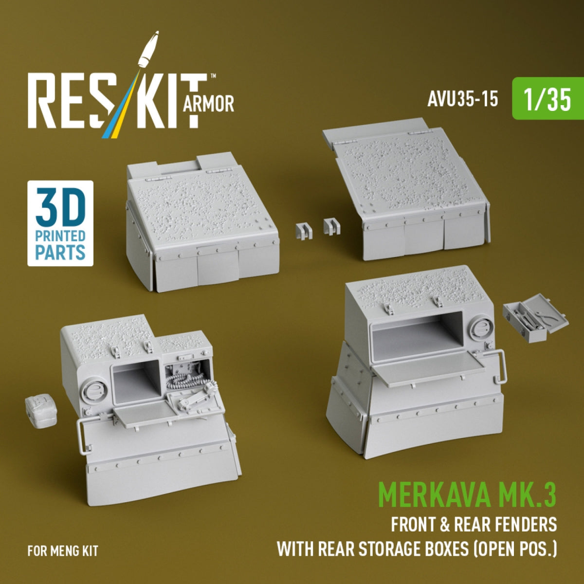 RESKIT AVU35-0015 Merkava Mk.3 front & rear fenders with rear storage boxes (open pos.) for Meng kit (3D Printed) 1/35