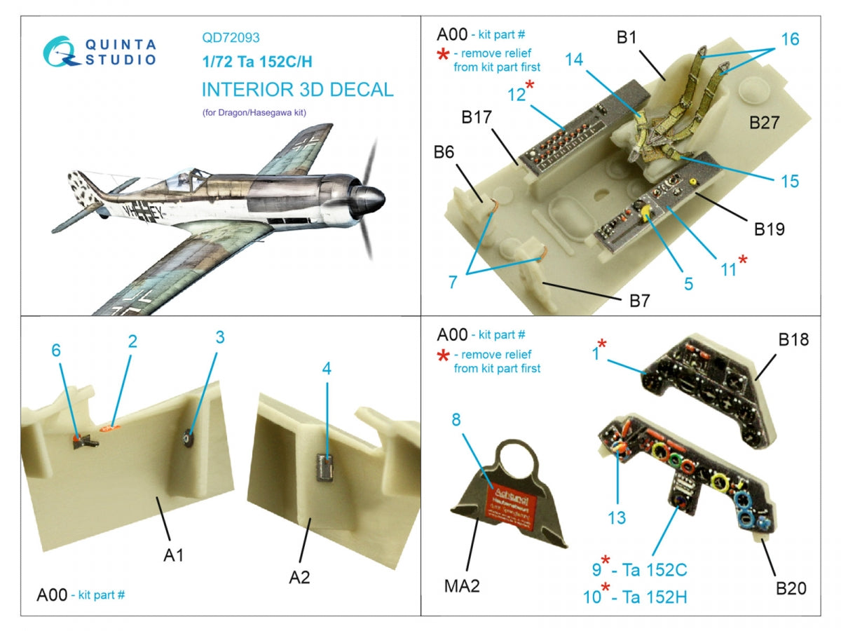 Quinta Studio QD72093 Ta 152C/H 3D-Printed &amp;amp; coloured Interior on decal paper (Dragon) 1/72 – Bild 2