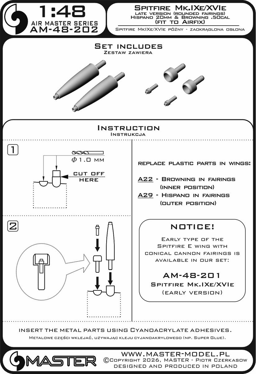Master AM-48-202 Spitfire Mk.IXe/XVIe późna wersja - zaokrąglona osłona luf działek Hispano 20mm oraz km Browning .50cal w osłonie (do modelu Airfix) 1/48 – zdjęcie 6