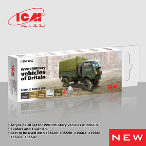 Coffret de 6 peintures acryliques ICM 3052 pour véhicules militaires britanniques de la Seconde Guerre mondiale, 12 ml.
