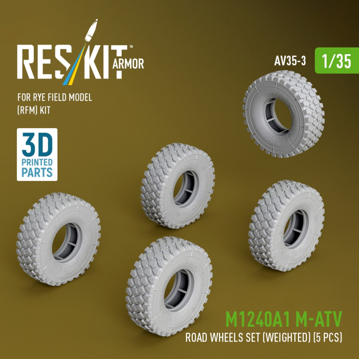 RESKIT AV35-0003 M1240A1 M-ATV road wheels set (weighted) (5 pcs) for Rye Field Model (RFM) kit (3D Printed) 1/35