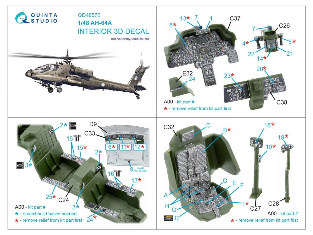 Quinta Studio QD48572 AH-64A 3D-Printed &amp;amp; coloured Interior on decal paper (Academy/Modelist) 1/48 – immagine 12