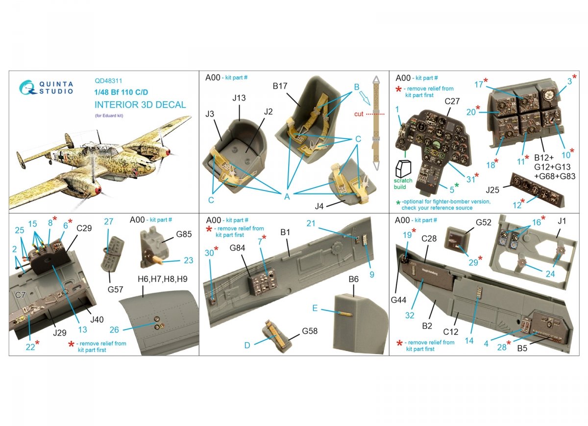 Quinta Studio QD48311 Bf 110C/D 3D-Printed &amp;amp; coloured Interior on decal paper (Eduard) 1/48 – imagen 6