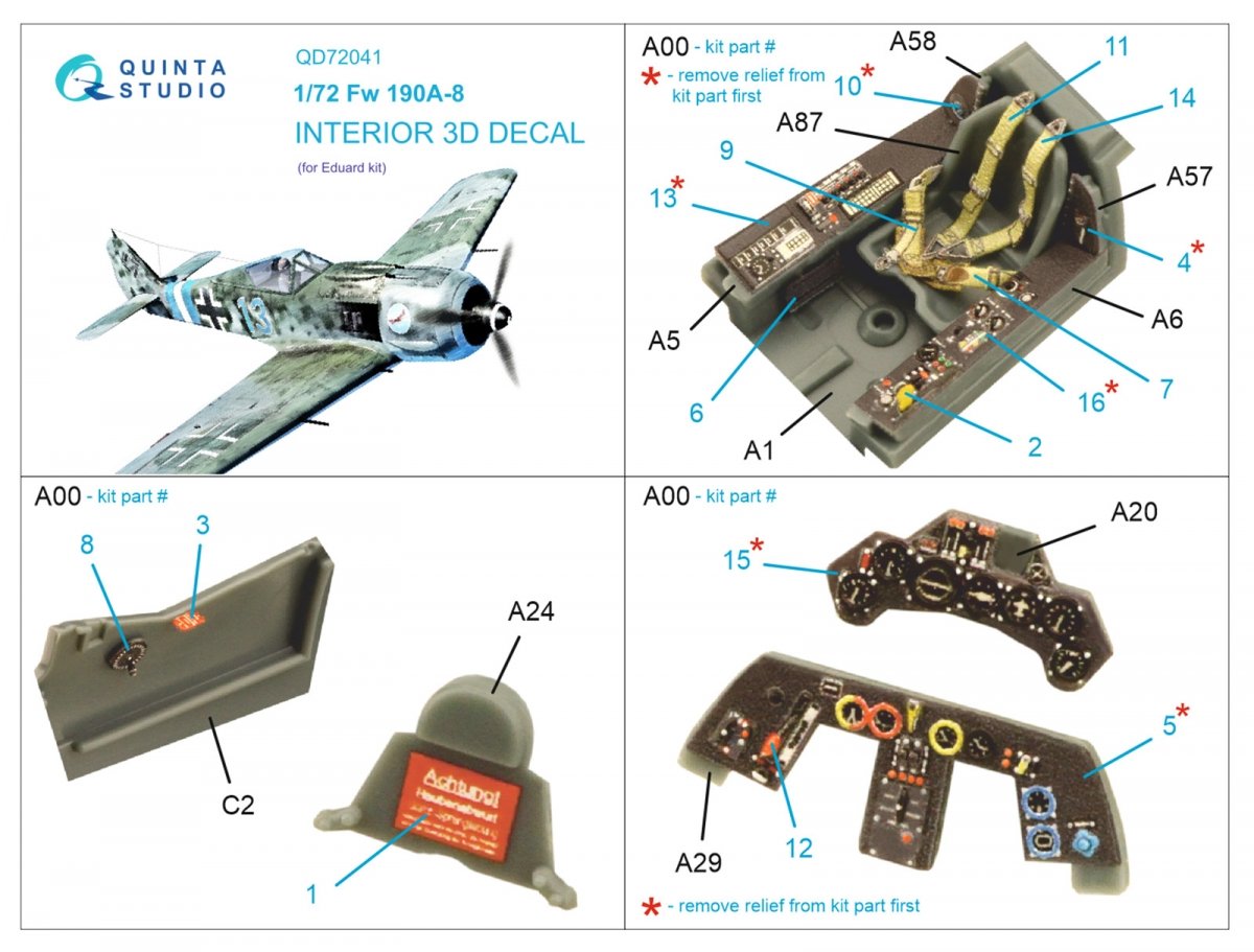 Quinta Studio QD72041 Fw 190A-8 3D-Printed &amp;amp; coloured Interior on decal paper (Eduard) 1/72 – immagine 2