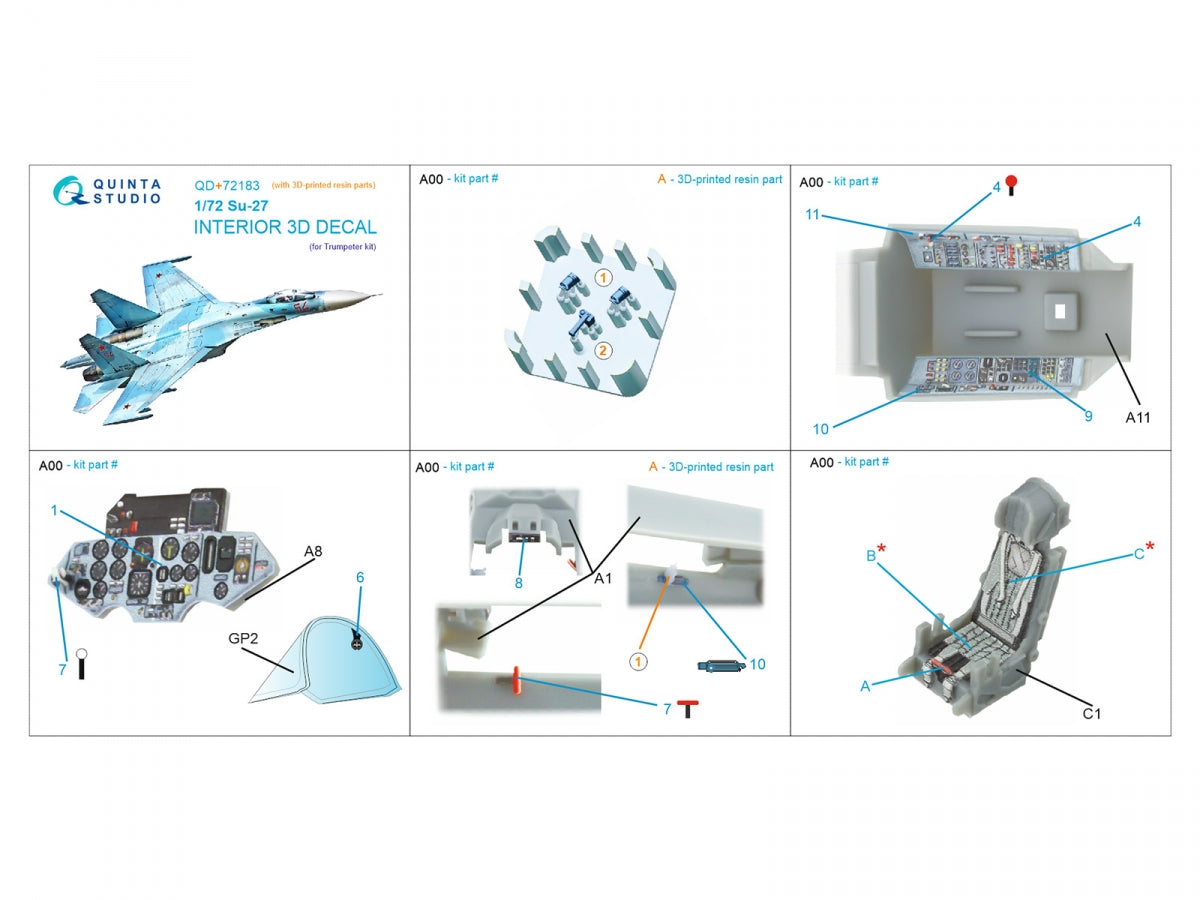 Quinta Studio QD+72183 Su-27 3D-Printed &amp;amp; coloured Interior on decal paper (Trumpeter) (with 3D-printed resin part) 1/72 – immagine 2