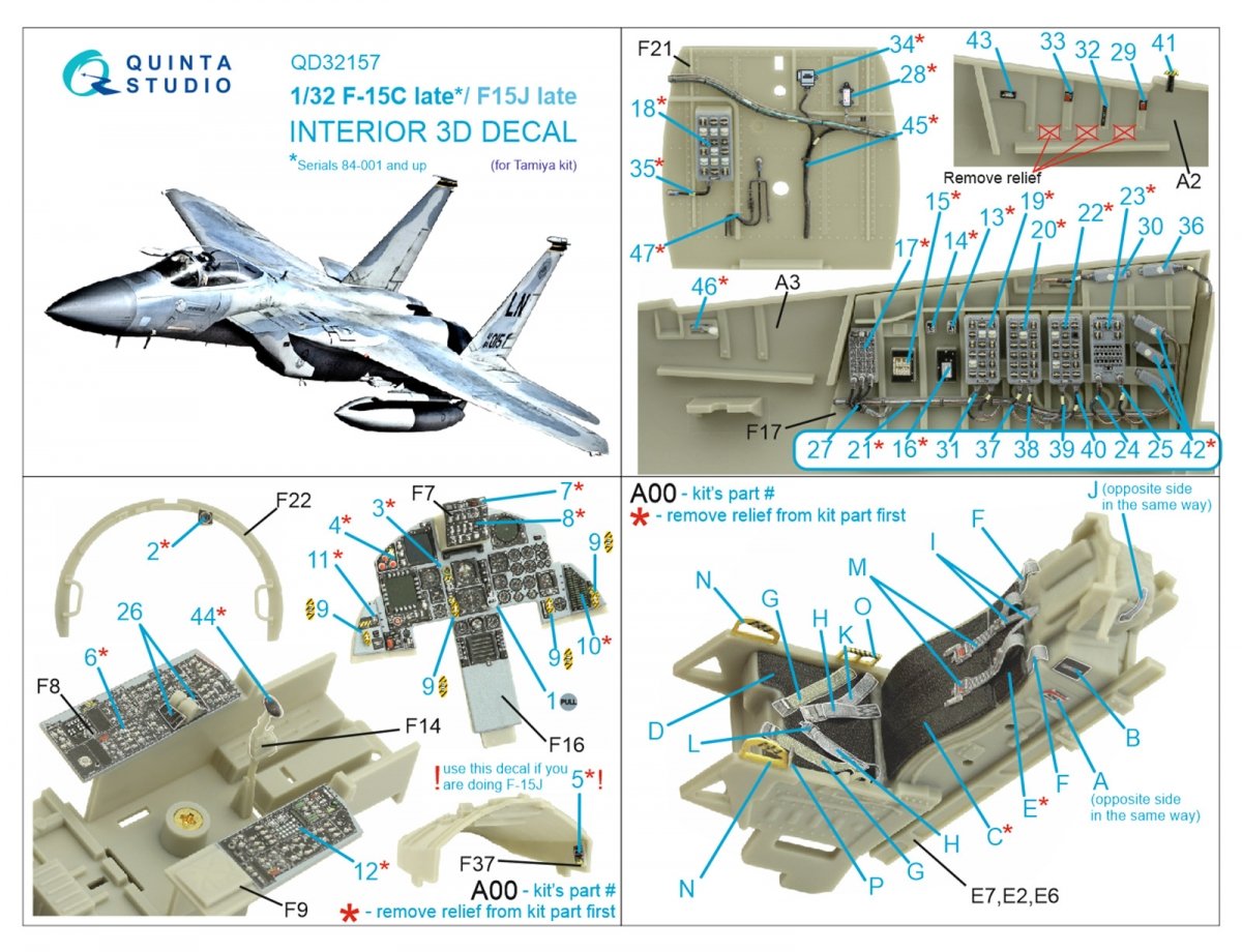 Quinta Studio QD32157 F-15C Late/F-15J late 3D-Printed &amp;amp; coloured Interior on decal paper (Tamiya) 1/32 – imagen 7