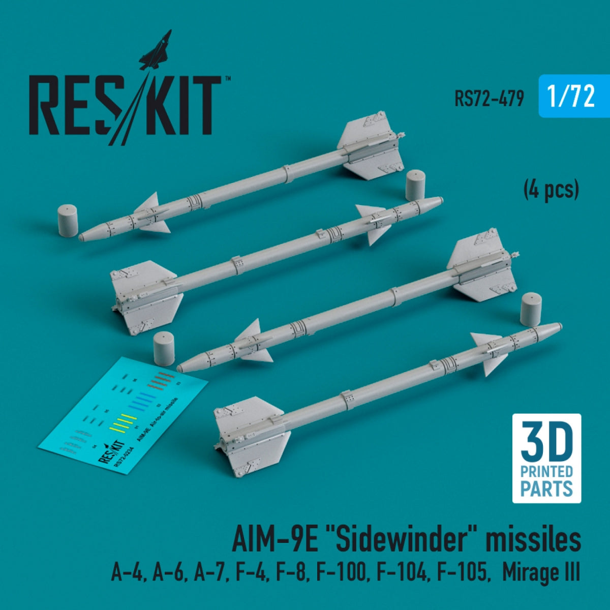 RESKIT RS72-0479 AIM-9E "Sidewinder" missiles (4 pcs) (3D Printed) 1/72