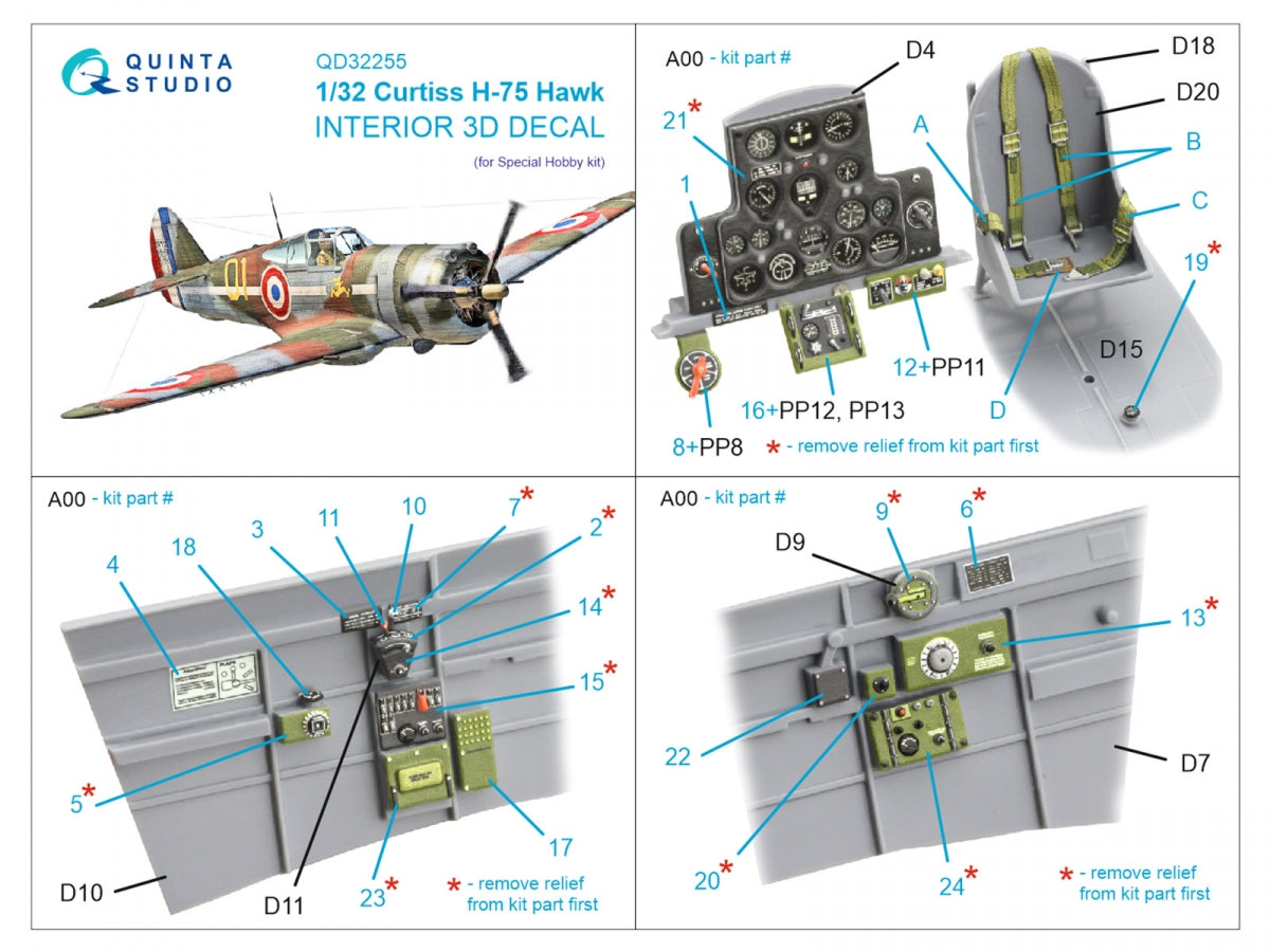 Quinta Studio QD32255 Curtiss H-75 Hawk 3D-Printed &amp;amp; colored Interior on decal paper (Special Hobby) 1/32 – image 2