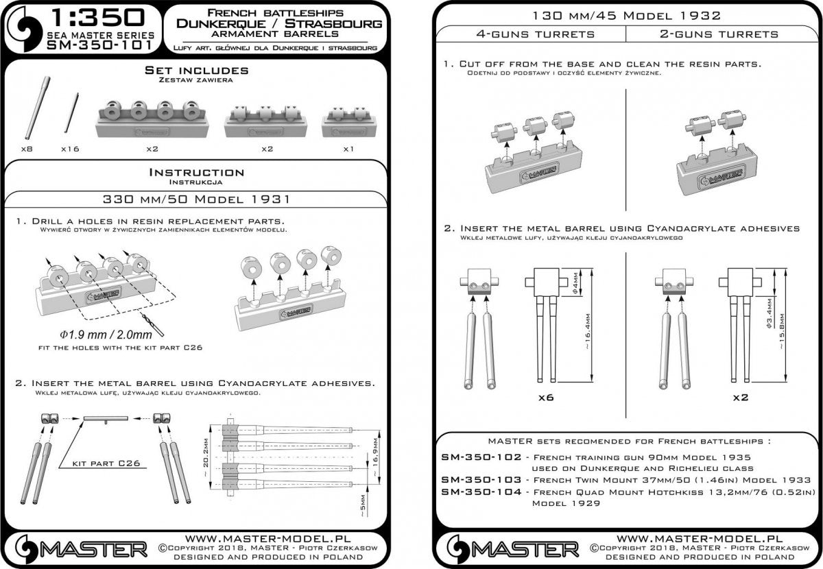 Master SM-350-101 Uzbrojenie pancernika Dunkerque/Strasbourg – lufy 330mm (8 szt.), 130 mm (16 szt.) wraz z żywicznymi elementami do osadzenia luf 1/350 – zdjęcie 6