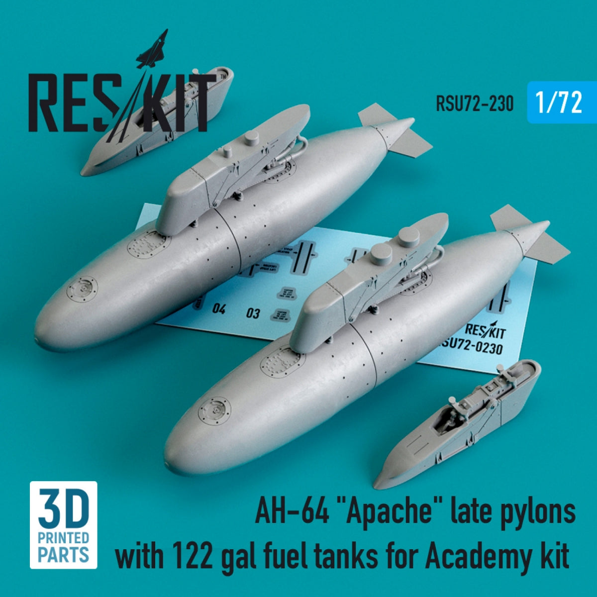 RESKIT RSU72-0230 AH-64 &amp;quot;APACHE&amp;quot; LATE PYLONS WITH 122 GAL FUEL TANKS FOR ACADEMY KIT (3D PRINTED) 1/72