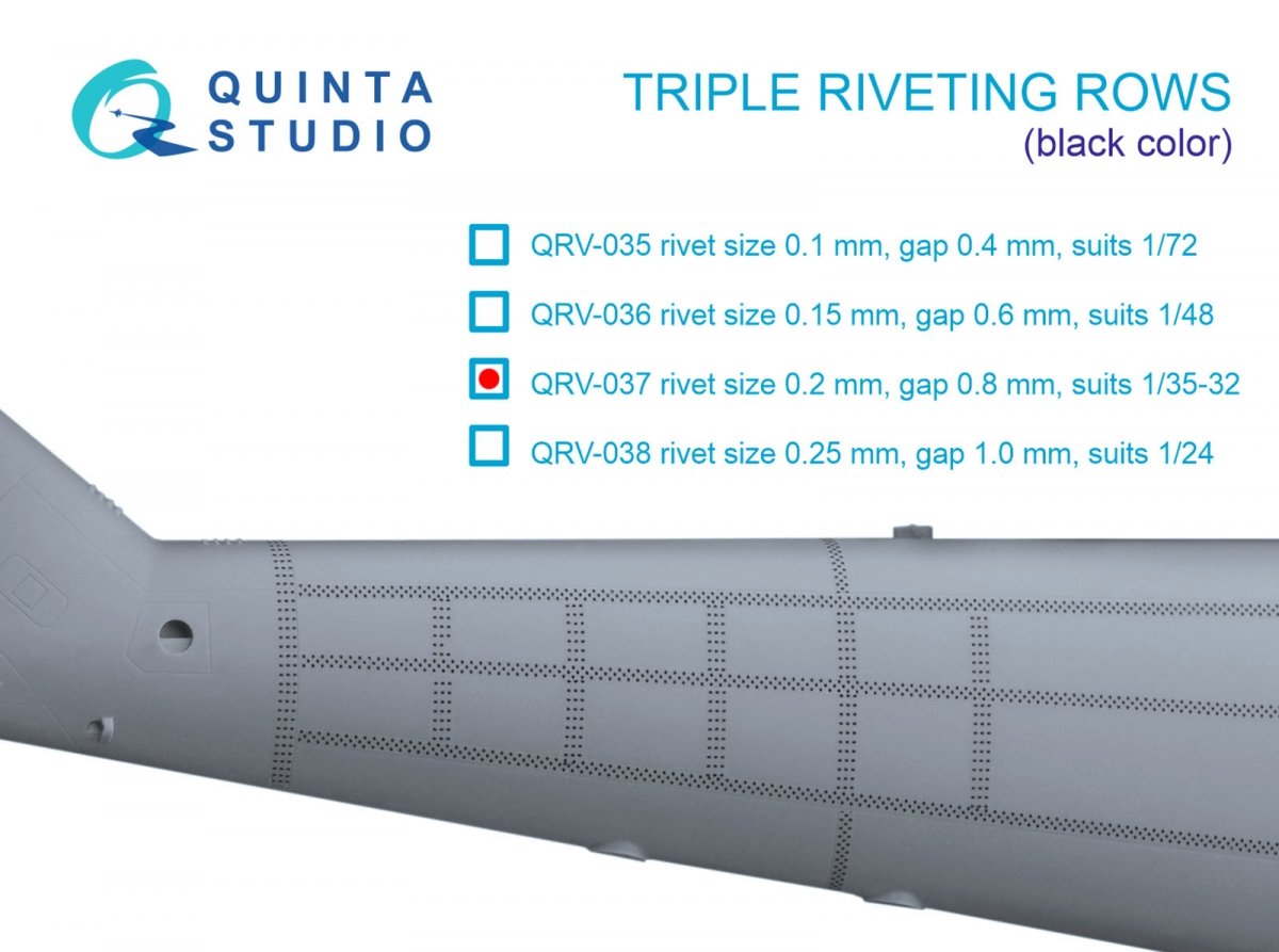 Quinta Studio QRV-037 Triple riveting rows (rivet size 0.20 mm, gap 0.8 mm, suits 1/32 scale), Black color, total length 3.7 m/12 ft