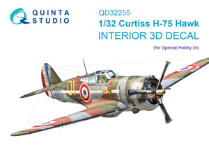 Quinta Studio QD32255 Curtiss H-75 Hawk 3D-Printed &amp;amp; colored Interior on decal paper (Special Hobby) 1/32