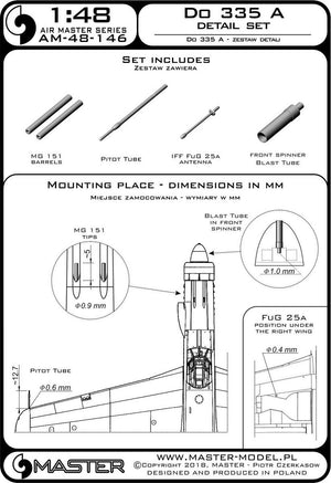 Master AM-48-146 Do 335 A – zestaw detali – MG 151, antena FuG 25a, rurka Pitota 1/48 – Bild 3