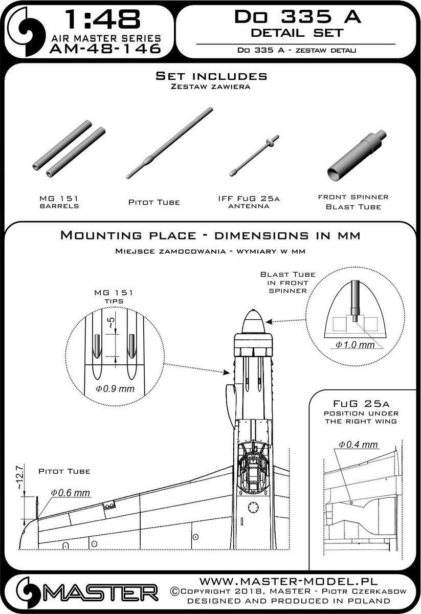 Master AM-48-146 Do 335 A – zestaw detali – MG 151, antena FuG 25a, rurka Pitota 1/48 – Bild 3