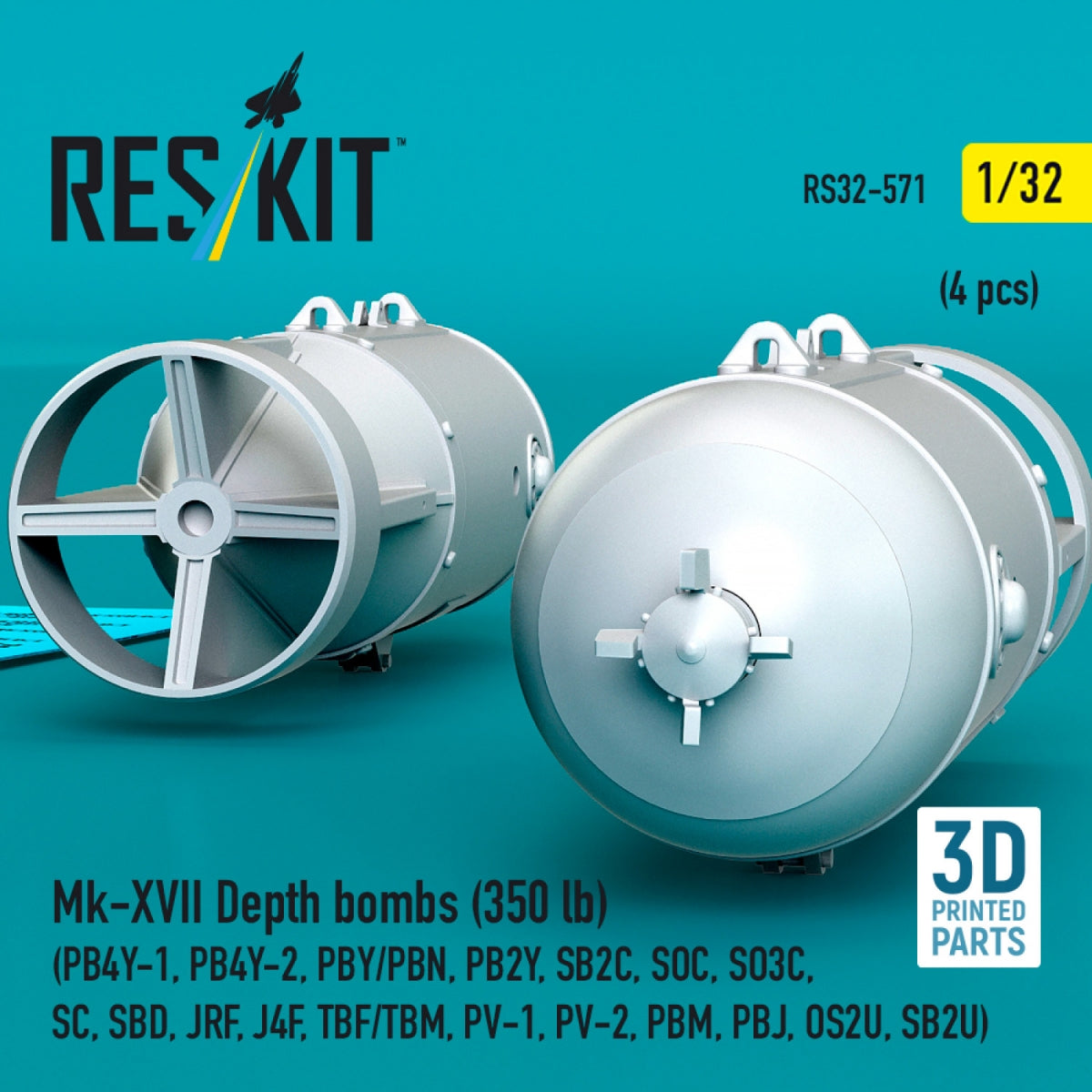 RESKIT RS32-0571 Mk-XVII Depth bombs (350 lb) (4 pcs) (PB4Y-1, PB4Y-2, PBY/PBN, PB2Y, SB2C, SOC, SO3C, SC, SBD, JRF, J4F, TBF/TBM, PV-1, PV-2, PBM, PBJ, OS2U, SB2U) (3D Printed) 1/32