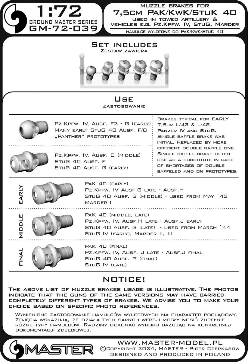 Master GM-72-039 Muzzle brake set for German 7.5cm PaK/KwK/StuK 40 guns (5 types) 1/72 – image 6