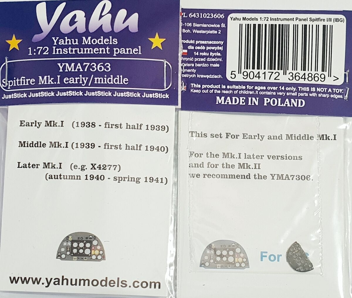 Yahu YMA7363 Supermarine Spitfire Mk.I Early/Middle - Instrumet Panel (for IBG Kits) 1/72