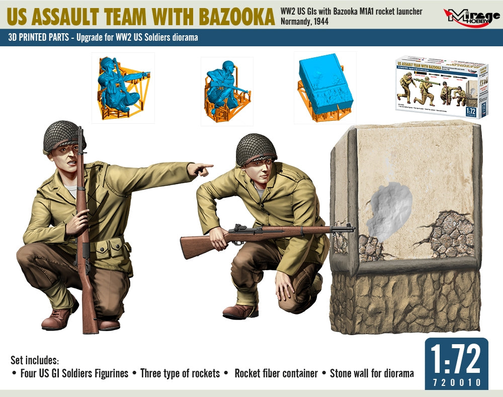 Mirage Hobby 720010 US ASSAULT TEAM WITH BAZOOKA, WW2 US GIs with Bazooka M1A1 Rocket Launcher Normandy, 1944 1/72 – Bild 4