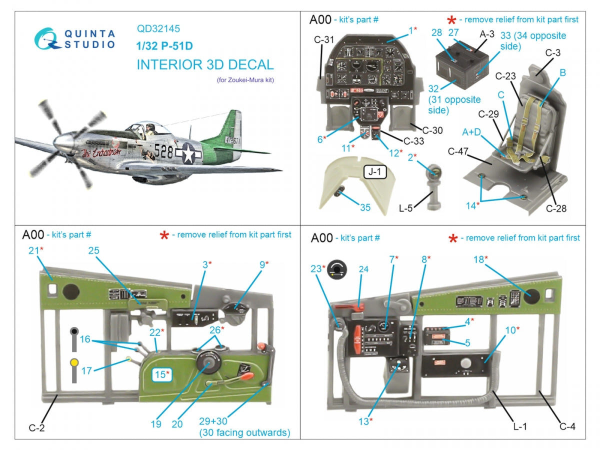 Quinta Studio QD32145 P-51D Mustang 3D-Printed &amp;amp; coloured Interior on decal paper (Zoukei-Mura SWS) 1/32 – Bild 2