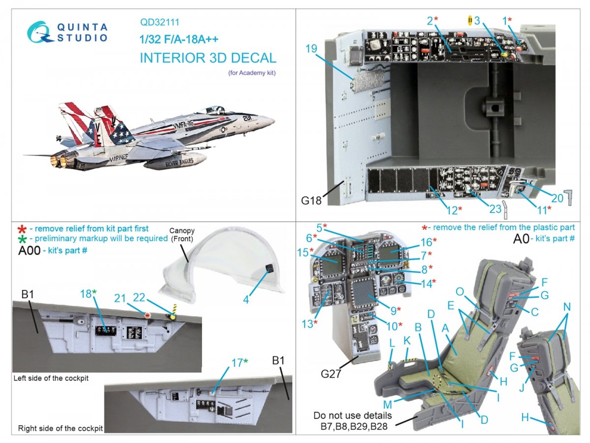 Quinta Studio QD32111 F/A-18A++ 3D-Printed &amp;amp; coloured Interior on decal paper (Academy) 1/32 – immagine 14