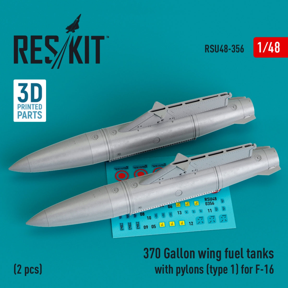 RESKIT RSU48-0356 370 Gallon wing fuel tanks with pylons (type 1) for F-16 (2 pcs) (3D Printed) 1/48