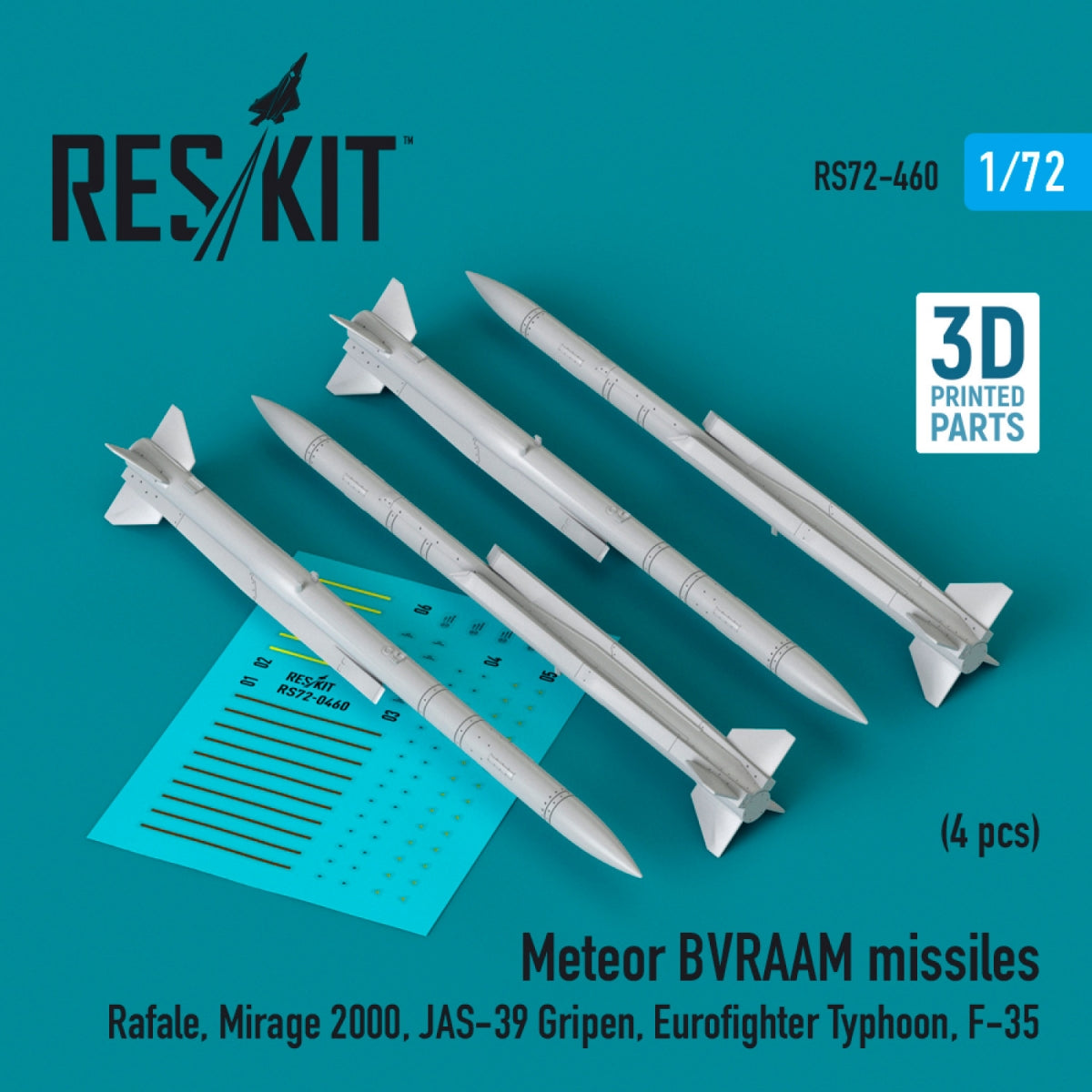Missiles RESKIT RS72-0460 Meteor BVRAAM (4 pièces) (Impression 3D) 1/72