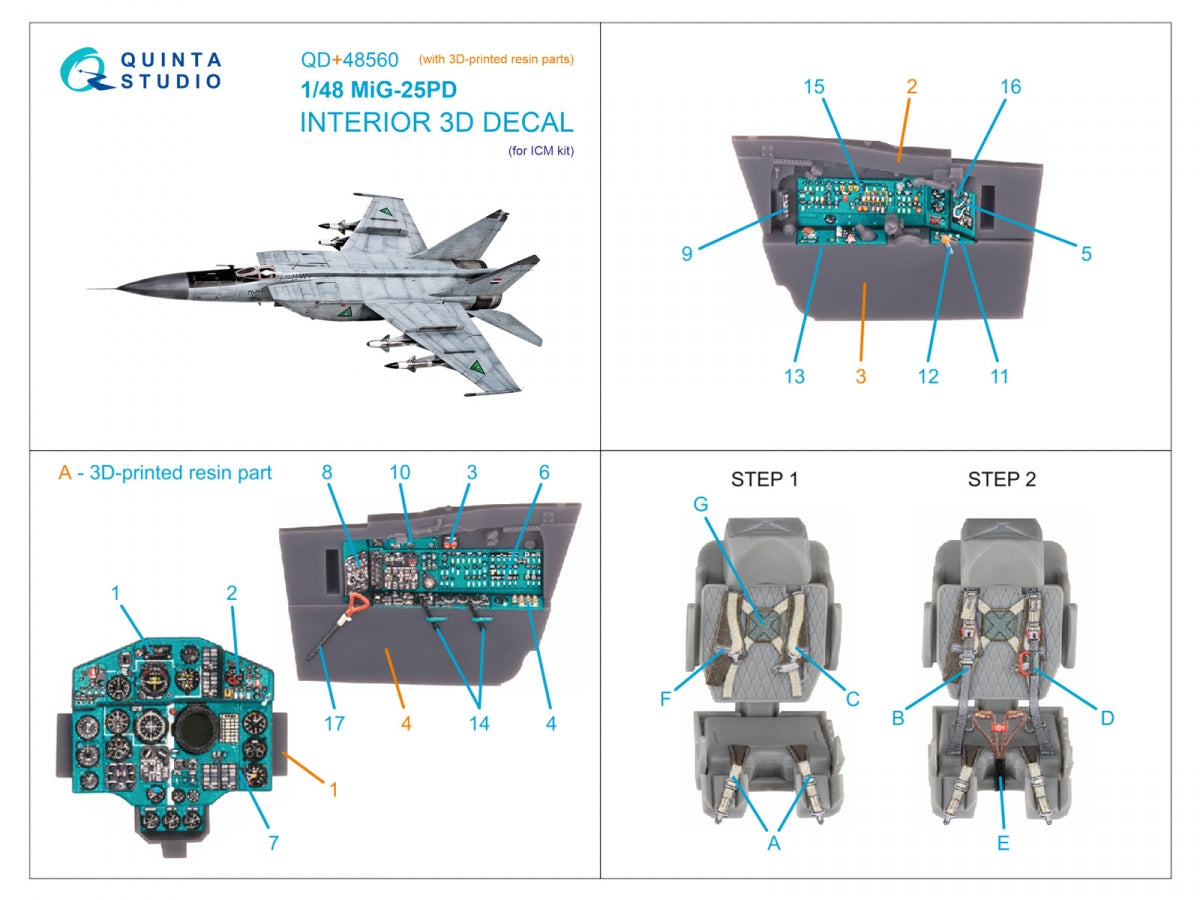 Quinta Studio QD+48560 MiG-25PD 3D-Printed &amp;amp; colored Interior on decal paper (ICM) (with 3D-printed resin parts) 1/48 – image 14