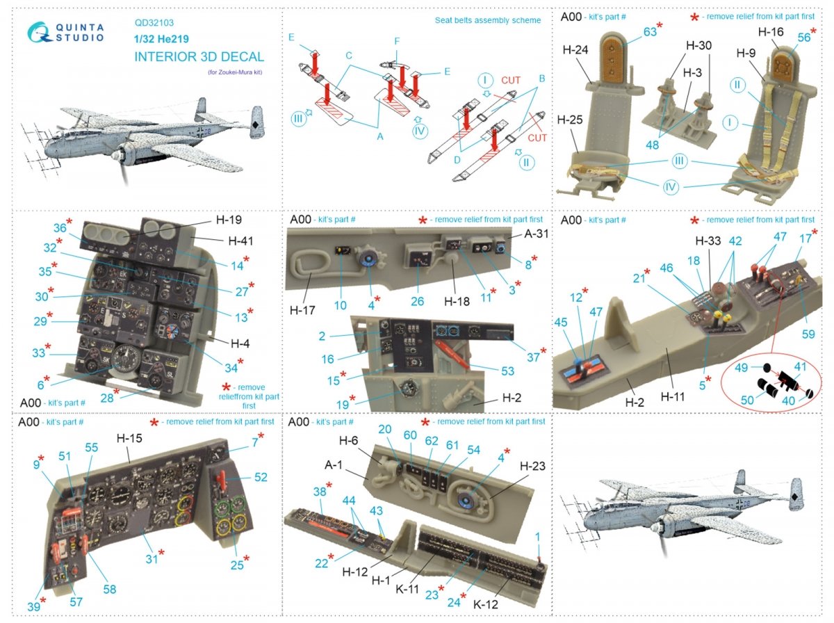 Quinta Studio QD32103 He 219 3D-Printed &amp;amp; coloured Interior on decal paper ( ZM SWS ) 1/32 – imagen 2