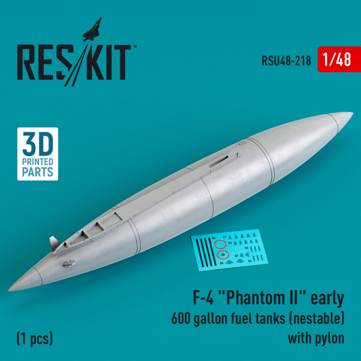 RESKIT RSU48-0218 F-4 &amp;quot;PHANTOM II&amp;quot; EARLY 600 GALLON FUEL TANK (NESTABLE) WITH PYLON (1 PCS) (3D PRINTED) 1/48