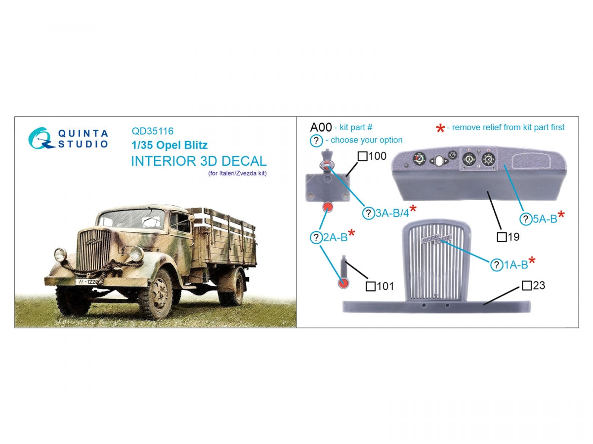 Intérieur imprimé en 3D et coloré sur papier décalcomanie Quinta Studio QD35116 Opel Blitz (Italeri/Zvezda) 1/35 – image 2