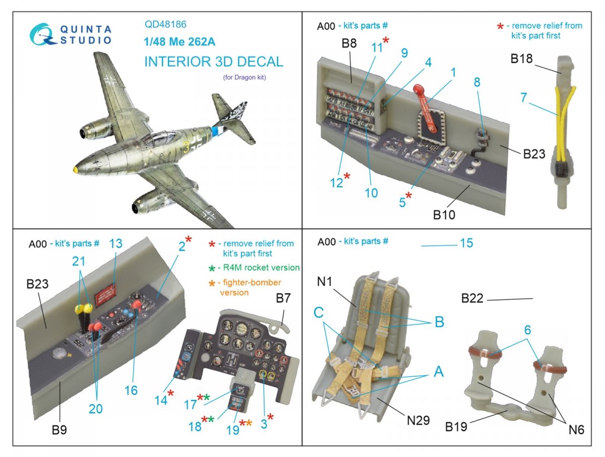 Quinta Studio QD48186 Me 262A 3D-Printed &amp;amp; coloured Interior on decal paper (for Dragon ) 1/48 – Bild 2