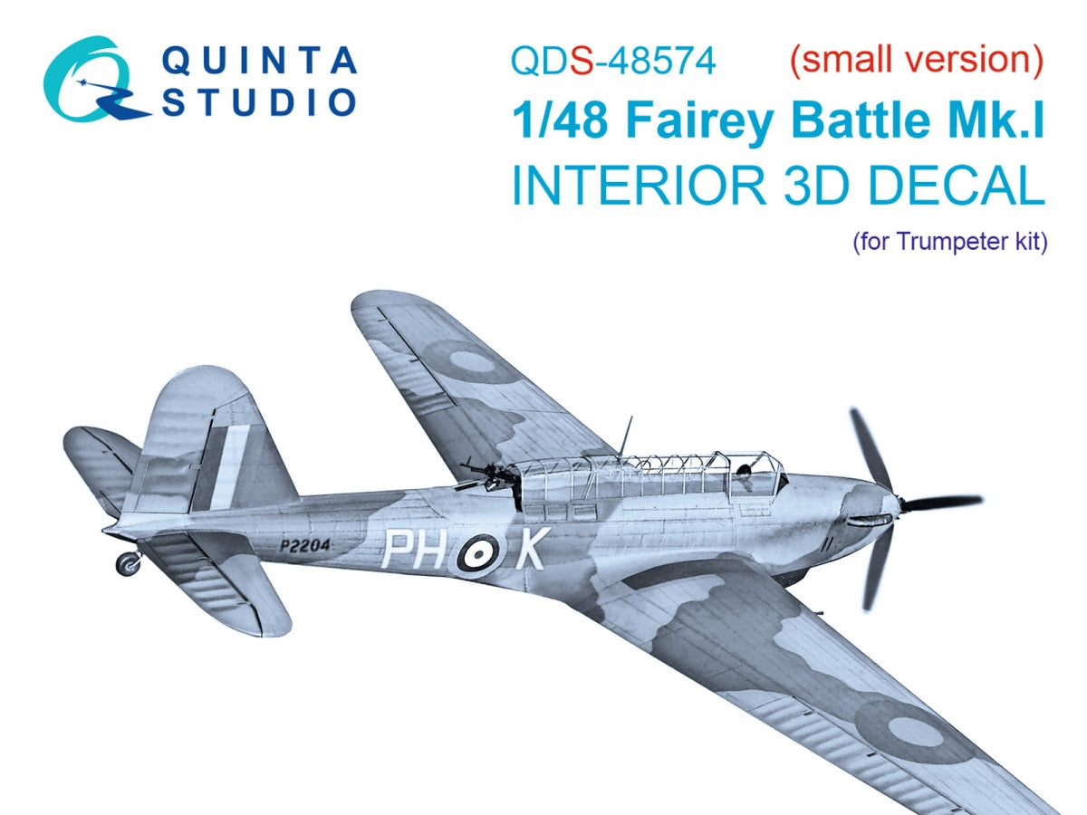 Quinta Studio QDS-48574 Fairey Battle Mk.I 3D-Printed &amp;amp; colored Interior on decal paper (Trumpeter) (small version) 1/48