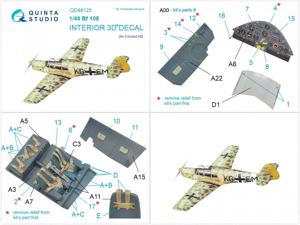 Quinta Studio QD48125 Bf108 3D-Printed &amp;amp; coloured Interior on decal paper (Eduard) 1/48 – immagine 12