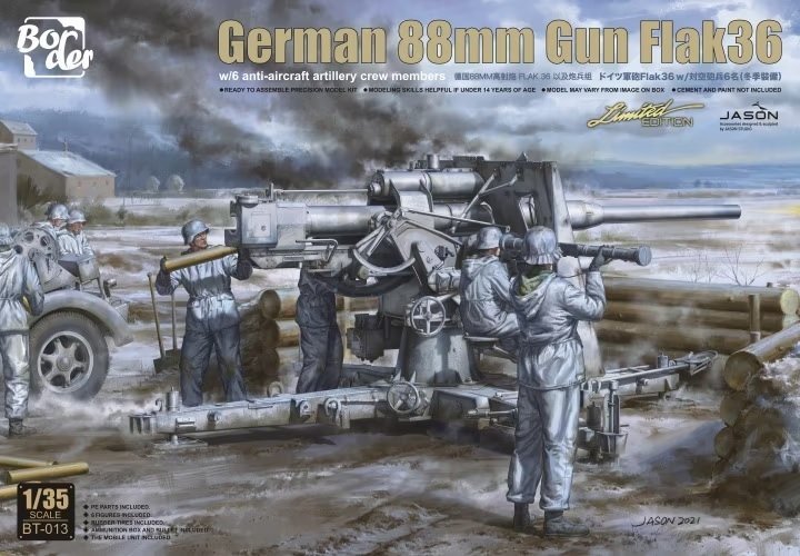 Maquette Border BT-013 Canon antiaérien allemand Flak36 de 88 mm avec 6 servants, échelle 1/35