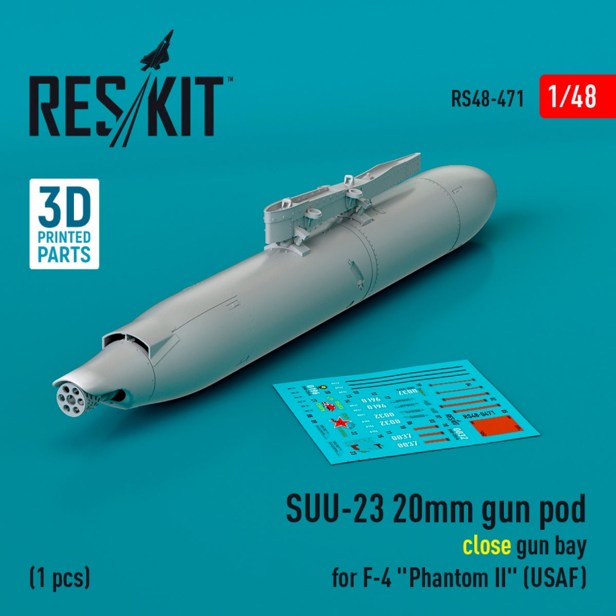 RESKIT RS48-0471 SUU-23 Nacelle de canon de 20 mm (baie fermée) pour F-4 « Phantom II » (USAF) (1 pièce) (Impression 3D) 1/48