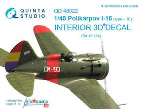 Quinta Studio QD48022 I-16 type 10 3D-Printed &amp;amp; coloured Interior on decal paper (for all kits) 1/48