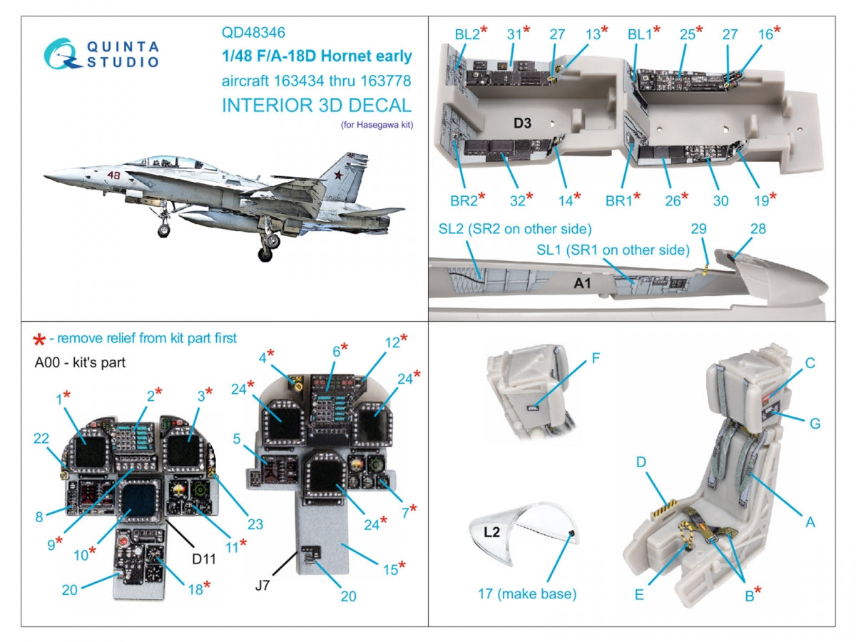 Quinta Studio QD48346 FA-18D early 3D-Printed &amp;amp; coloured Interior on decal paper (Hasegawa) 1/48 – immagine 2