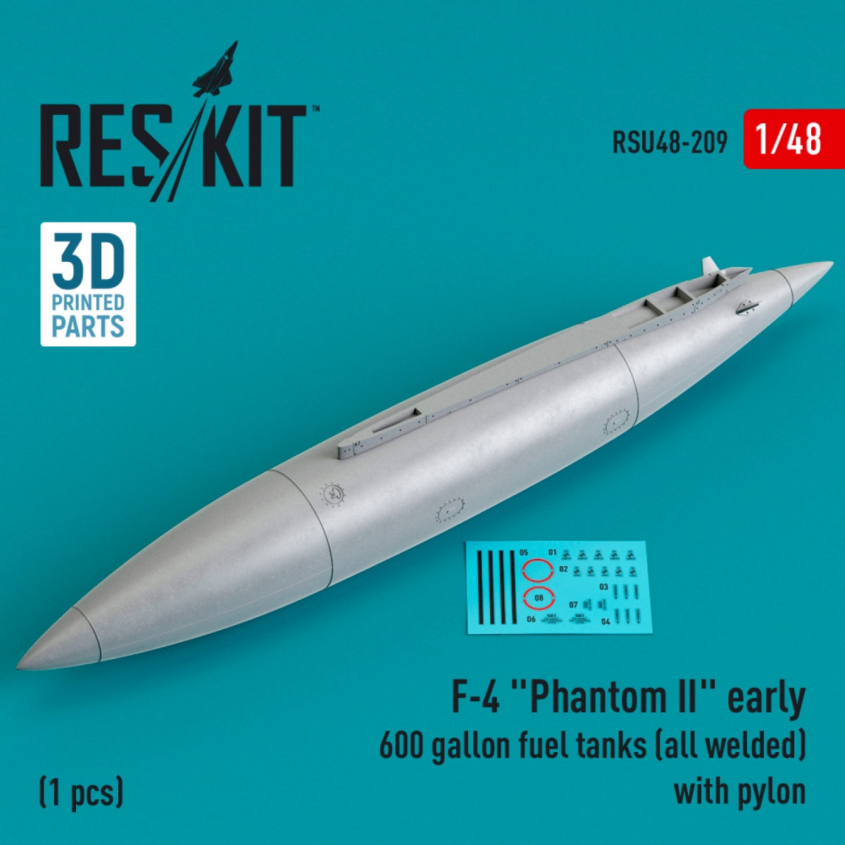 RESKIT RSU48-0209 F-4 « PHANTOM II » Réservoir de carburant de 600 gallons (entièrement soudé) avec pylône (1 pièce) (imprimé en 3D) 1/48