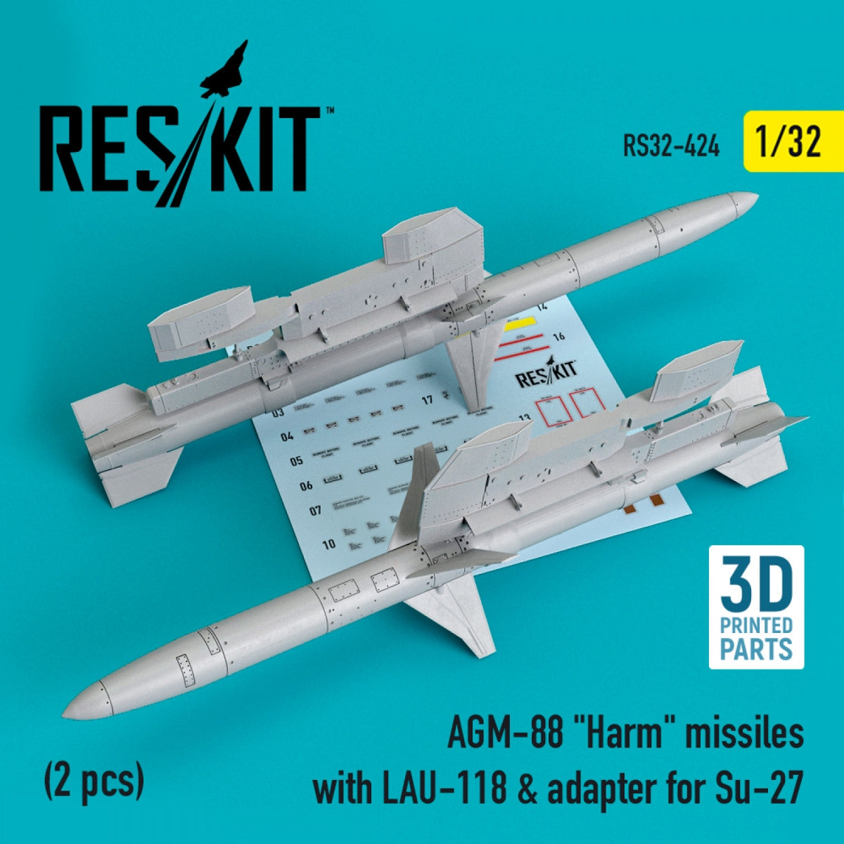 RESKIT RS32-0424 AGM-88 "HARM" MISSILES WITH LAU-118 & ADAPTER FOR SU-27 (2 PCS) 1/32