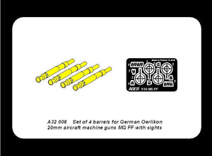 Aber A32008 Set of 4 barrels for German Oerlikon 20mm aircraft machine guns MG FF with sights 1/32 – Bild 6