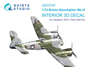 Quinta Studio QD72197 Bristol Beaufighter Mk.VI 3D-Printed &amp;amp; coloured Interior on decal paper (Hasegawa/MPM/Hobby2000) 1/72