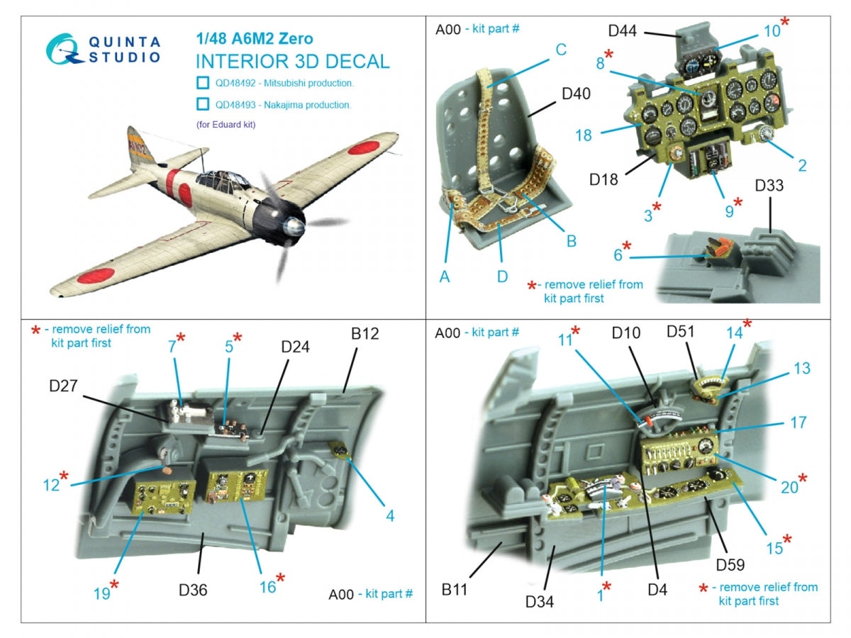 Quinta Studio QD48493 A6M2 Zero Nakajima Production 3D-Printed coloured Interior on decal paper (Eduard) 1/48 – Bild 2
