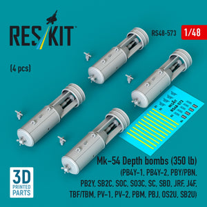 RESKIT RS48-0573 Mk-54 Depth bombs (350 lb) (4 pcs) (PB4Y-1, PB4Y-2, PBY/PBN, PB2Y, SB2C, SOC, SO3C, SC, SBD, JRF, J4F, TBF/TBM, PV-1, PV-2, PBM, PBJ, OS2U, SB2U) (3D Printed) 1/48