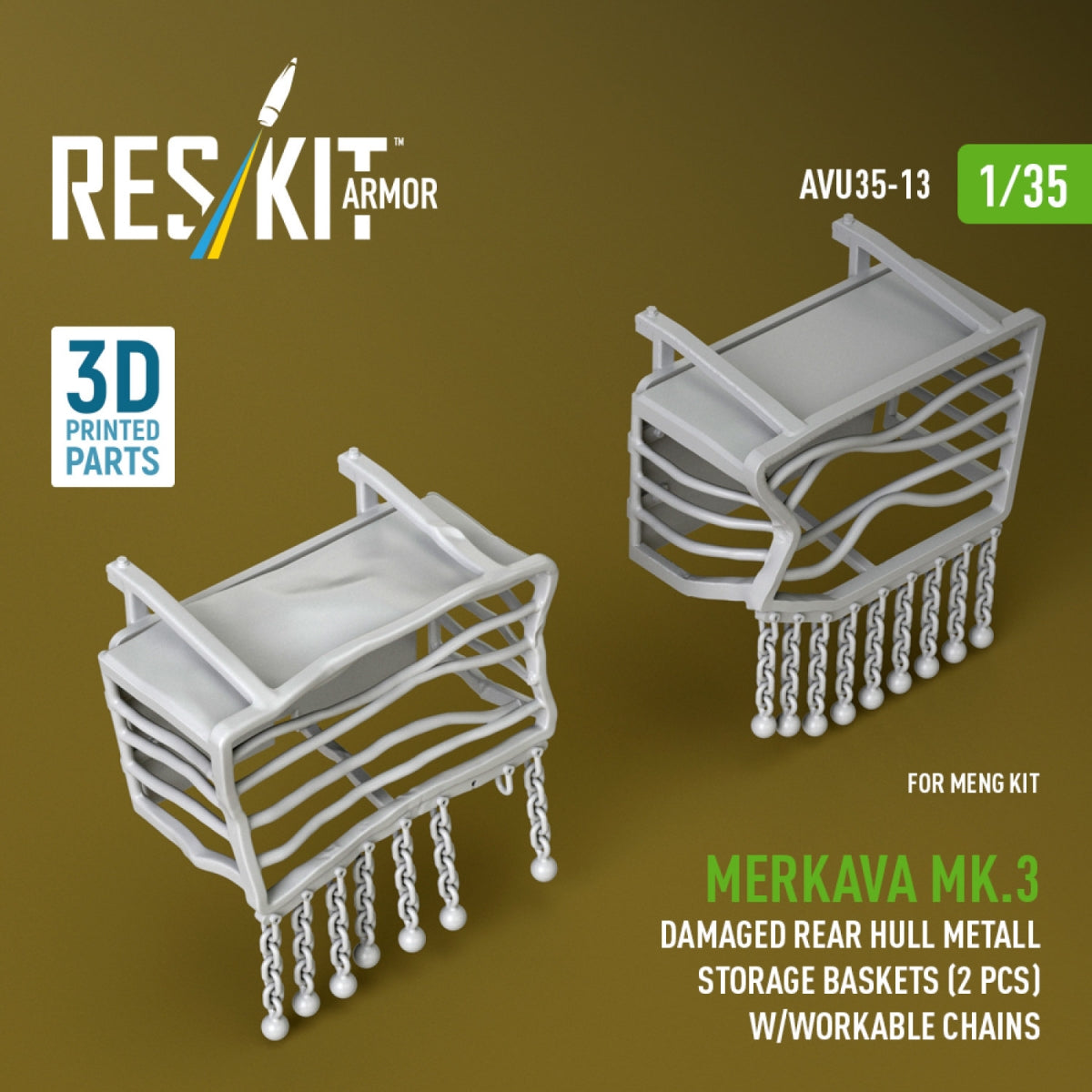 RESKIT AVU35-0013 Merkava Mk.3 damaged rear hull metall storage baskets (2 pcs) w/workable chains for Meng kit (3D Printed) 1/35
