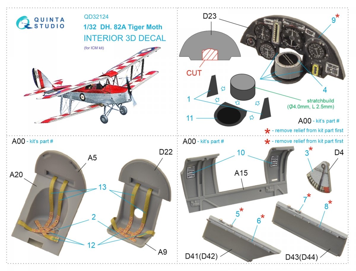Quinta Studio QD32124 DH 82A Tiger Moth 3D-Printed &amp;amp; coloured Interior on decal paper (ICM) 1/32 – immagine 5