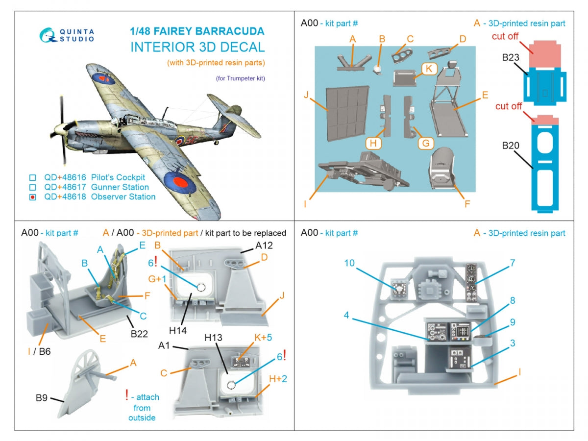 Quinta Studio QD+48618 Fairey Barracuda Observer Station 3D-Printed &amp; coloured Interior on decal paper (Trumpeter) (with 3D-printed resin parts) 1/48