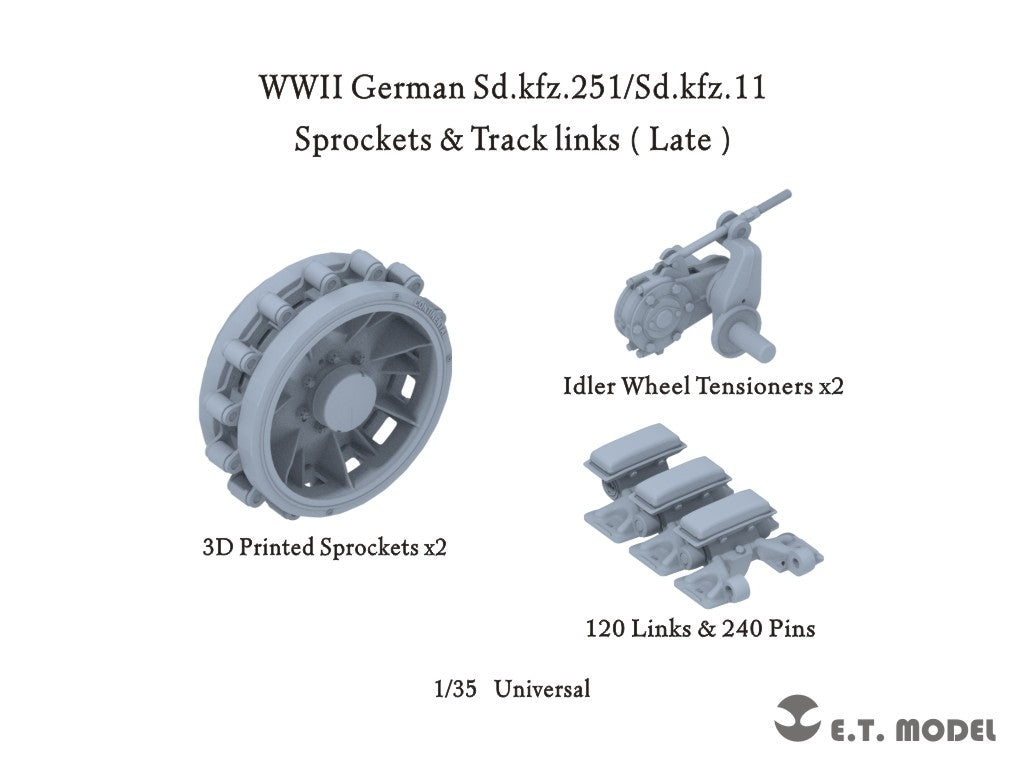 ET Model P35-406 WWII German Sd.kfz.251/Sd.kfz.11 Track links &amp; Sprockets Late 3d Printed 1/35