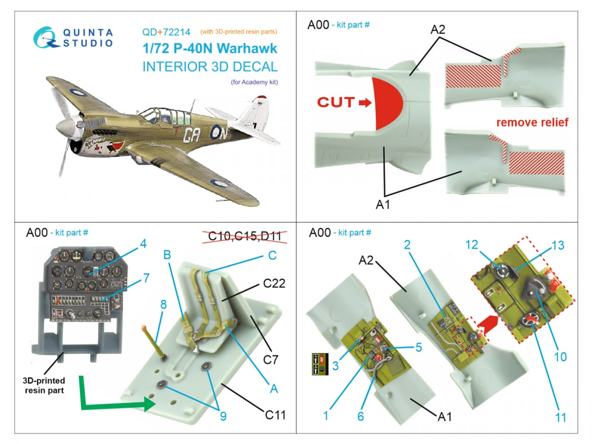 Quinta Studio QD+72214 P-40N Warhawk 3D-Printed &amp;amp; colored Interior on decal paper (Academy) (with 3D-printed resin parts) 1/72 – image 11